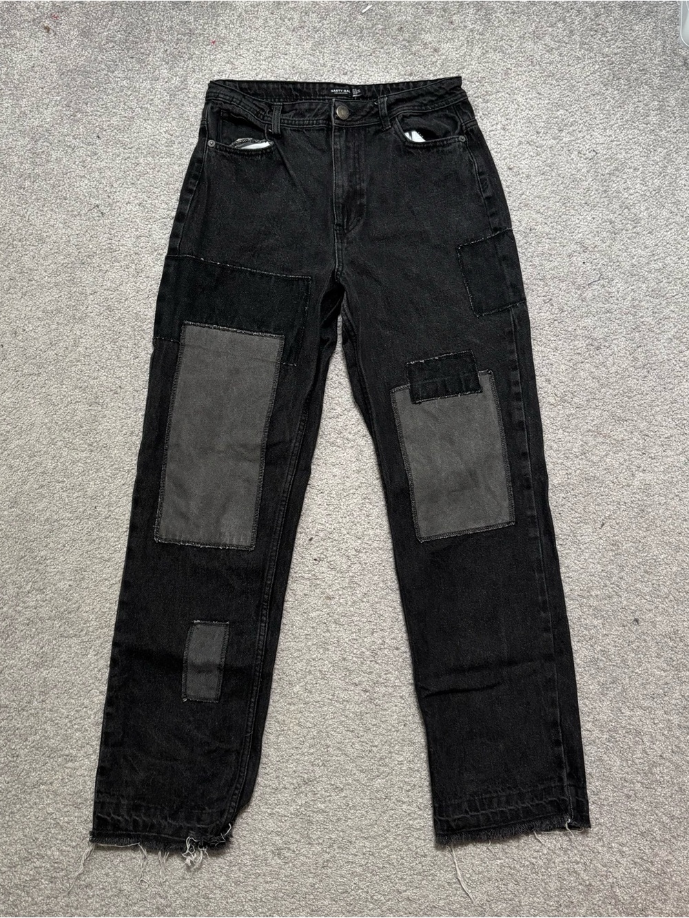 Nasty Gal Organic Cotton Black Patchwork Straight Jeans with Raw Edge